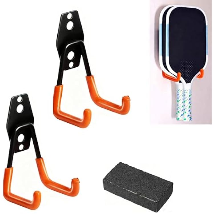 Wall Mount Pickleball Paddle Storage Rack, Black Metal and Orange Hooks, 2 Pack with Eraser, Holds 4 Paddles