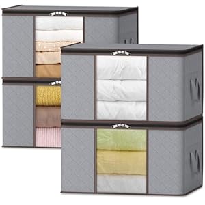 Lifewit Lot de 4 Sac Rangement Vetement 50L, Boite Rangement Pliable avec Poignées Renforcées, Housse de Rangement Couette, Caisse Rangement sous Lit pour Vêtements, Couvertures, Jouets, Gris Clair