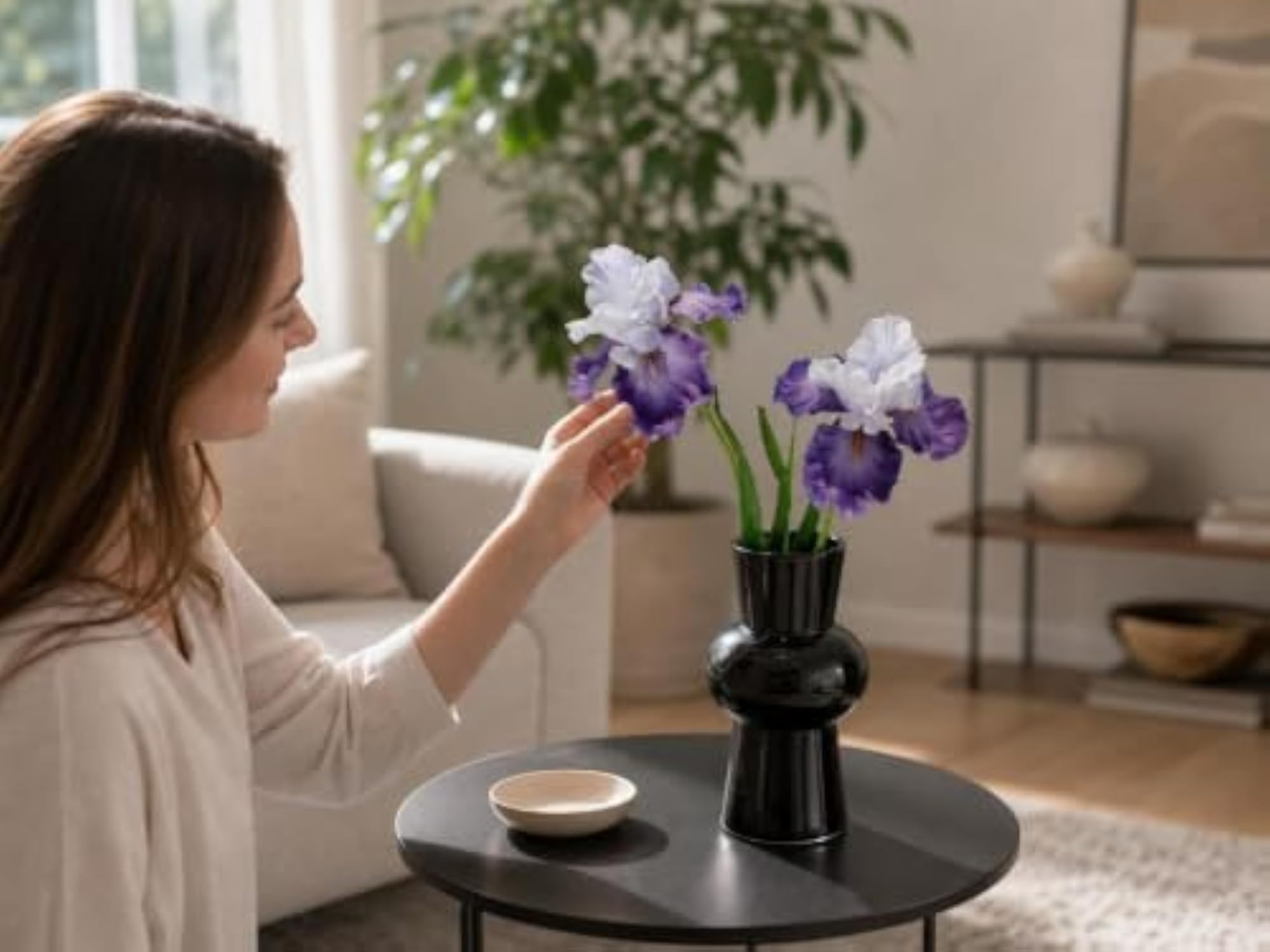 Premium Artificial Iris Flower Arrangement with Vintage Vase