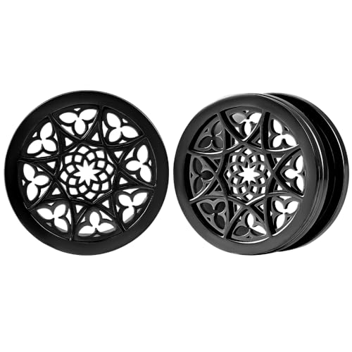 Vankula Ecarteur Oreilles 1 Paire Double Évasé Plug Tunnel Fleurs Vintage en Acier Inoxydable Piercing Bijoux pour Femmes Hommes 10mm(00G) Noir