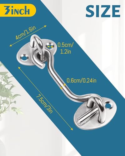 Leryati 3 Zoll Sturmhaken 2 Stück, Sturmhaken Edelstahl Kabinenhaken Haken mit öse, Torhakenschloss Mit Schrauben Haken und Augensperre Riegel Tür Sturmhaken