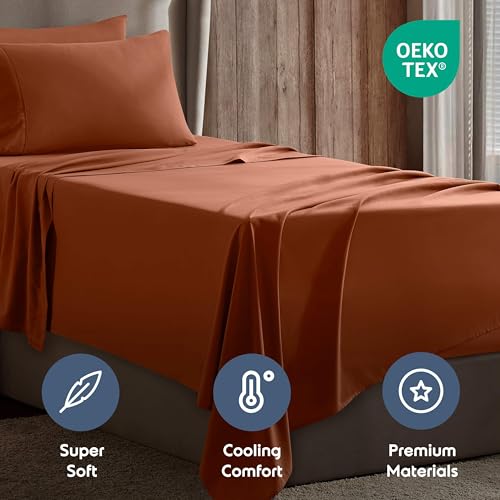 Image of Nestl Twin Bed Sheet Set - Rust - 3-Piece Deep Pocket | Instantly Soft, Night-One Ready (No Wash Required). Fits 16-Inch Deep Pockets, 360-Degree Elastic Grip