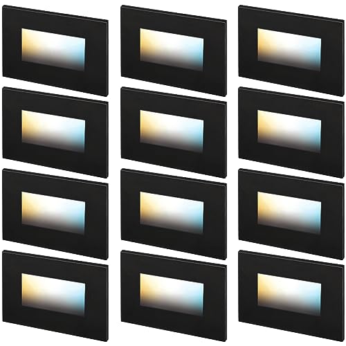 LEONLITE 12-Pack 5CCT 120V LED Step Lights, 3.5W 5%-100% Dimmable Stair Lights Indoor Outdoor Wet Location, CRI90, ETL, Aluminum, 150LM, Horizontal, 2700K/3000K/3500K/4000K/5000K, Black