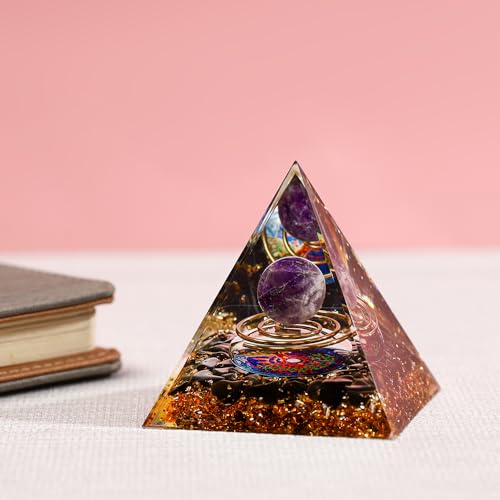 ZRENJHUS Orgone Pyramid Amethyst Ball Healing Crystal Gemstone Improve Intuition and Creativity Pyramid Tree of Life Colorful Amethyst Crystal Orgonite Pyramid Crystal for Anti-Stress Wisdom Wealth