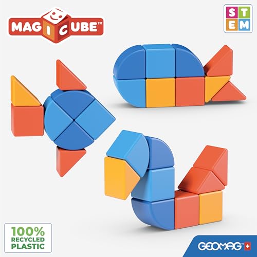 Geomag - Magicube Shapes - Blocs de Constructions Magnétiques à Empiler pour Bébé d'1 an et Plus - 9 Cubes de 3 Couleurs et Formes - 1-5 Ans - 100% Plastique Recyclé