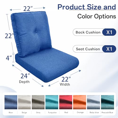 Image of Luxury 4 inch Thick Outdoor Cushion Set of 7 - 22x24 Patio Furniture Cushions with 28D High-Density Foam, Water-Resistant & Fade-Resistant Fabric, Removable Covers for Patio Furniture Sofa Couch -Blue