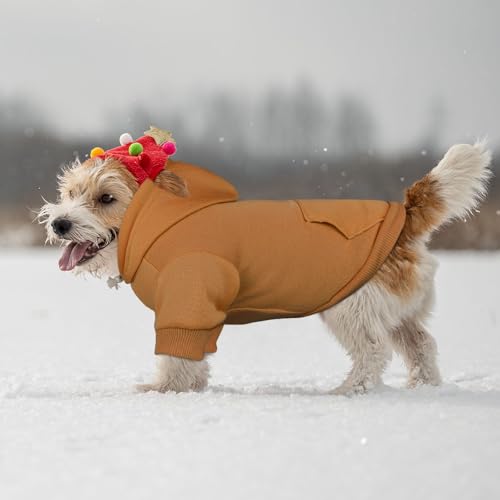 Image of Dog Hoodie Dog Sweaters for Small Dogs Solid Soft Brushed Fleece Pet Clothes Pet Hoodie Sweatshirt with Pocket(Coffee-XS)