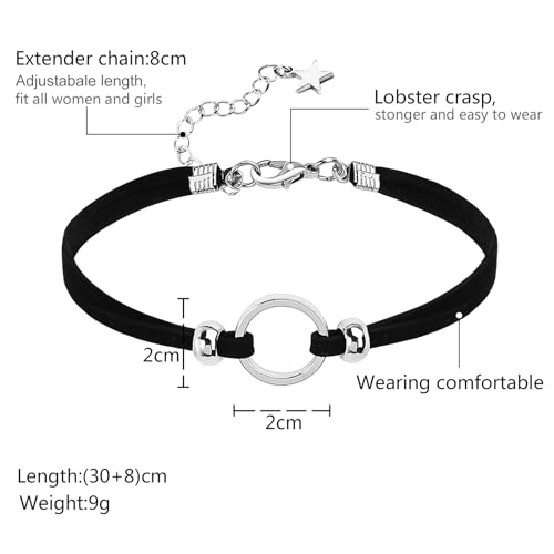 Epinki Damen Choker (Verstellbar), Doppel Halskette Gliederkette Samt O-Ring Form Anhänger Gothic Halsband Silber Schwarz mit Zirkonia, 30+8 cm
