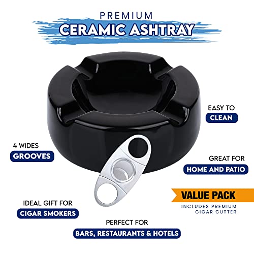 Large Ceramic Cigar Ashtray Outdoor – 8.5 Inch Ashtrays Black Glossy Cigar For Indoor, Outdoor, Patio, Home, Office Use – Cigar Accessories Ash Tray Luxury Gift Set For Men And Women #TOP1