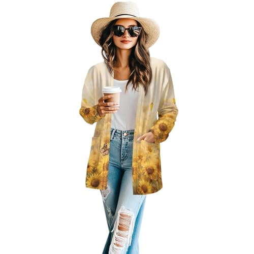 Jekioweii Open Front Cardigan for Women Sunflower Butterfly Fashion Fall