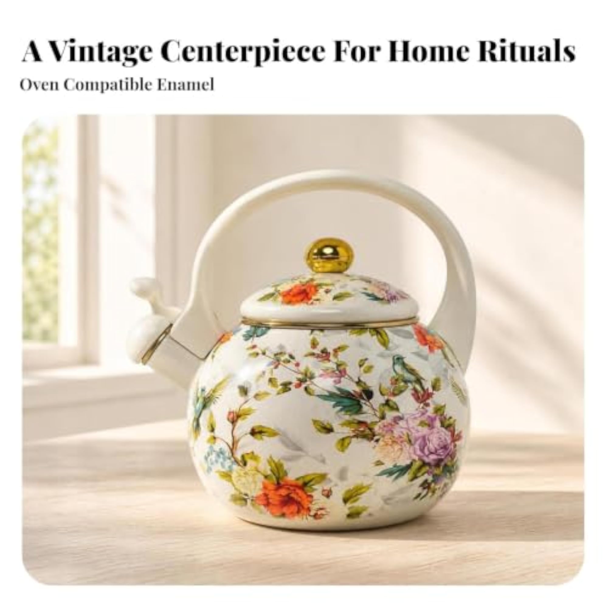 Induction Compatible Stovetop Enamel Teapot with Floral Print