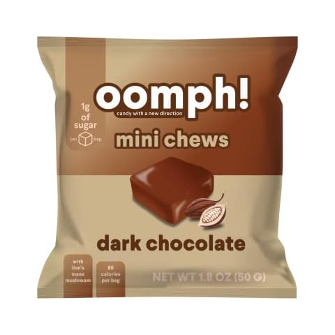 Oomph! Sweets Mini Chews Low Sugar Chocolate Taffy - Low Calorie High Fiber Treat, Keto Vegan Healthy Candy for Kids & Adults (6 Dark Chocolate Packs) Cover