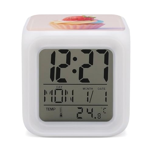 Image of VstaDank Cute Strawberry Cupcake Alarm Clock Temperature Display 7 Color-Changing Alarm Clock Fashion LED Screen Mini Clocks Loud Wake Up Digital Clocks for Office Bedroom Heavy Sleepers