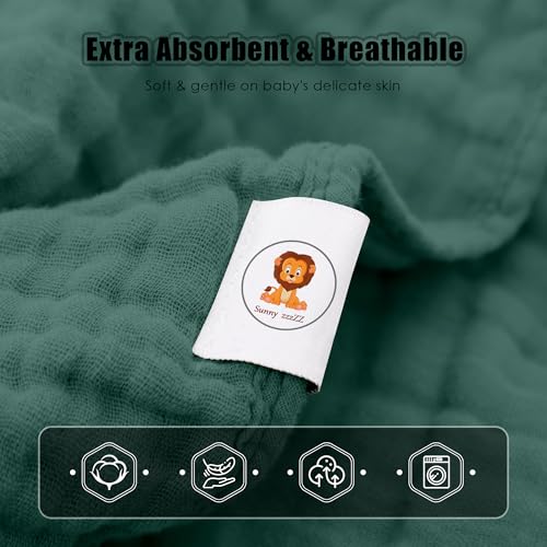 Image of Sunny zzzZZ Muslin Hooded Baby Bath Towels - 3 Pack 100% Cotton Soft Low-Saturation Pastel Towels Including Classic White for Newborns, Infants, Toddlers - 32x32 Inch - Deep Emerald and White