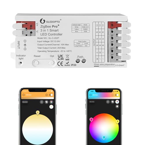 GLEDOPTO ZigBee 3.0 Pro+ 5 in 1/3 in 1 LED Controller 20A Max RGBCCT/RGBW/RGB/CCT/Dimmer Work with Alexa H*ue Tuya Smart Life APP Control (202p-3 in 1 LED Controller)