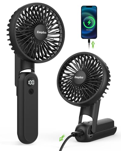 EasyAcc Tragbarer Handventilator, ultra-leiser persönlicher Ventilator mit 5 Geschwindigkeiten, LED-Dispay USB C, wiederaufladbarer Handventilator, 180° faltbarer kleiner Schreibtischventilator