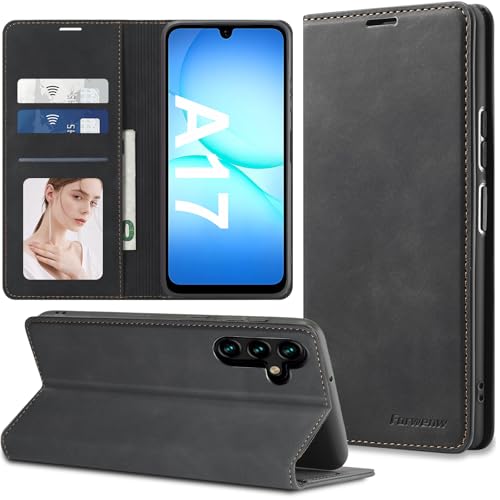 for Samsung Galaxy A17 Case Flip Leather Cover with Hinge Protection Funda, Slim Thin Magnetic A17 Wallet Case [1 Card Holder], Shockproof Protective Cover for Samsung A17 5g Phone Case (Black) by Qissy - Used condition - US$8.38