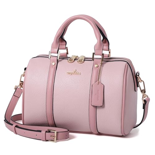 Angel Kiss Women Satchel Purses and Handbags Vegan Leather Boston Barrel Bag Top Handle Shoulder Purse with Crossbody Strap (Pink)