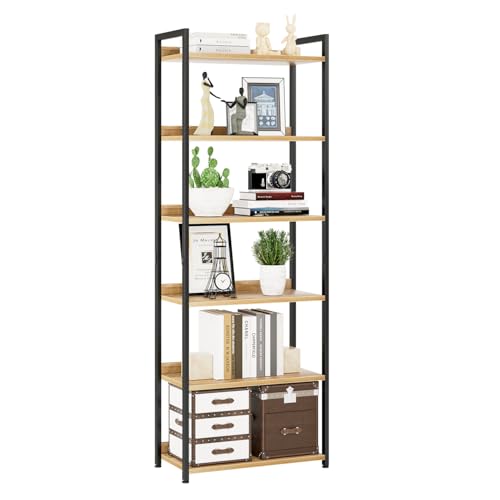 NUMENN Bookshelf, 6 Tier Freestanding Shelving Unit, Natural
