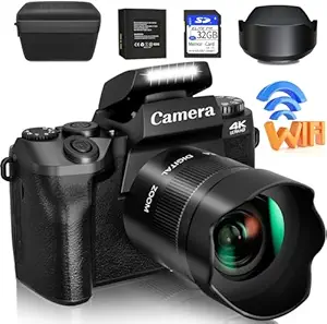 LEQTRONIQ Digital Camera, 4k Cameras for Photography & Video, 64MP WiFi Touch Screen Vlogging Camera for YouTube with Flash, 32GB SD Card, Lens Hood, 3000mAH Battery, Front and Rear Cameras - Black