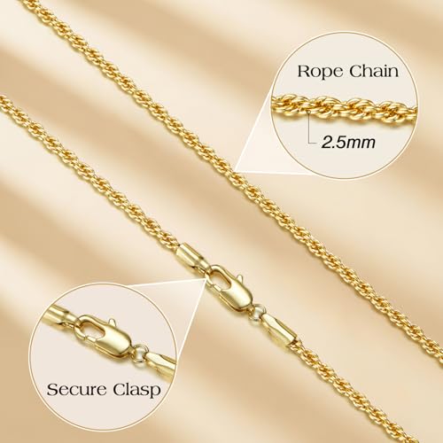 14K Gold Chain for Women and Men 2.5mm Rope Chain Necklace Non-Tarnish Minimalist Unisex 20-24 Inch2