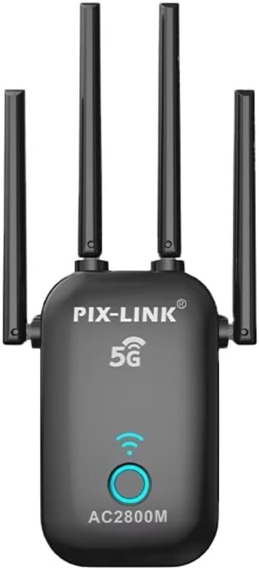 Front view of the PIX-LINK LV-AC27Q Wi-Fi Repeater, black color, showing the PIX-LINK logo, 5G indicator, Wi-Fi signal LED, and AC2800M model text.