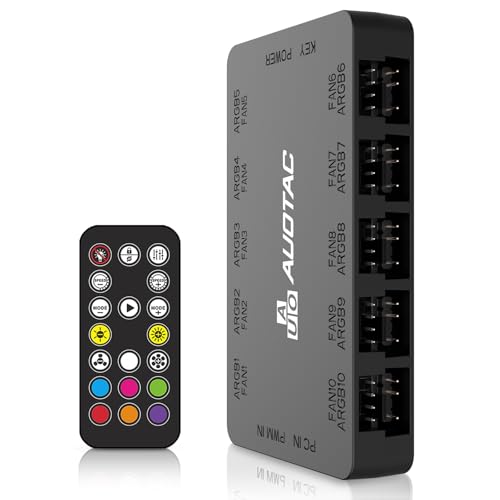 Auotac ARGB Controller PWM Fan Hub with RF Remote, (Connect Ten Case Fans, 5V 3Pin ARGB & 12V 4Pin PWM Fan Connector, Dual SATA Power Input, Magnetic Suction), Black