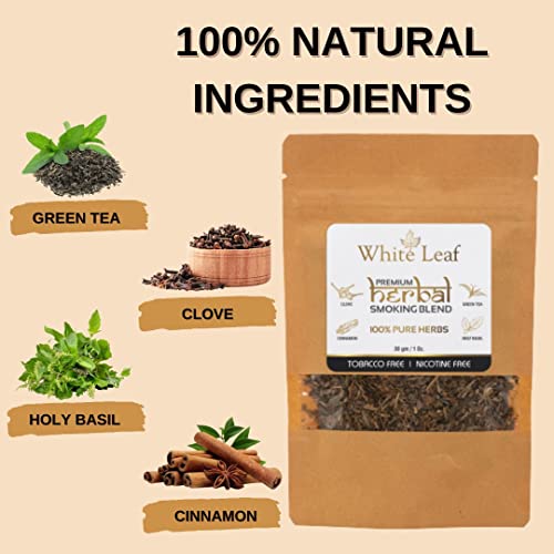 White Leaf 100% Natural Flavour Herbal Smoking Blend 1 Pack (1 Oz/ 30 Gm) - Tobacco & Nicotine Free Smoking Mixture With Wooden Royal Black Pipe #TOP3