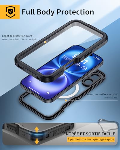Coque iPhone 16 étanche noire haute résistance antichoc intégrale - 5