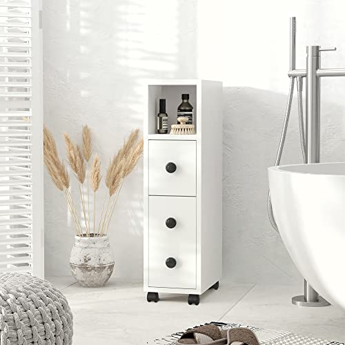 Miniatura 2 de Kleankin Armario De Baño Con 4 Ruedas Mueble Auxiliar Para Baño Con Estante Abierto Puerta Y Cajón Para Espacio Reducido 18x30x68,5 Cm Blanco