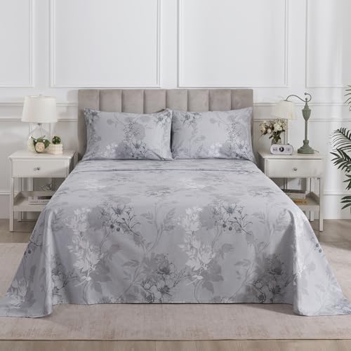 Image of Vintage Floral Bed Sheets Gray Percale King Size Deep Pocket 4Pcs | 100% Cotton Dark Flower Farmhouse Sheet Set, Soft Crisp Shabby Chic Toile Sheets, Cottage Core Bedding, Botanical Pattern