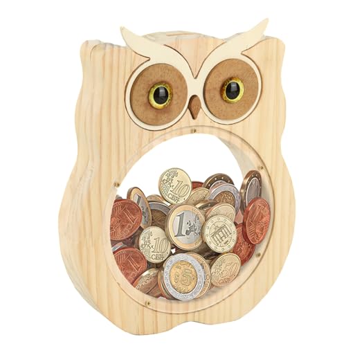 HuvRsu Wooden Money Bank, House-Shaped Piggy Bank with Clear Window, Decorative Coin Storage Box for Kids (Owl Piggy Bank)