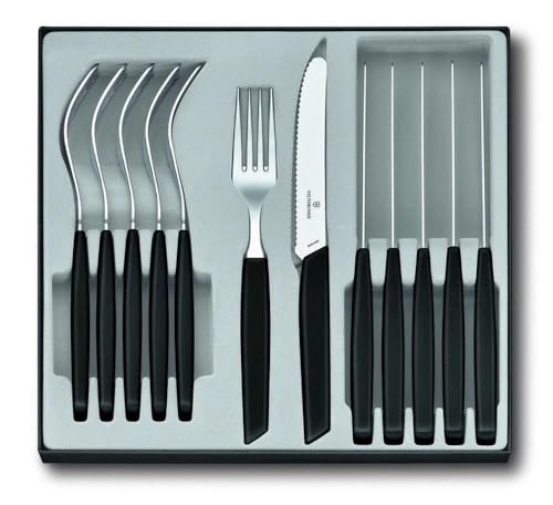 Victorinox Swiss Modern Besteck-Set für 6 Personen, 12-teilig, inkl. scharfe Messer mit Wellenschliff, Kunststoffgriffe, Schwarz