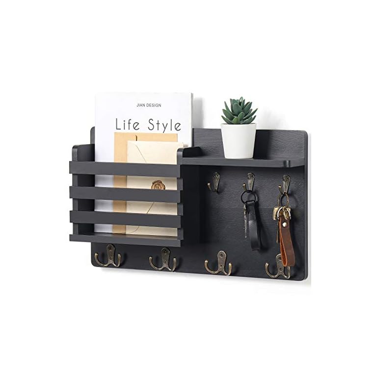 Nekon Mail Holder for Wall Mail Organizer with Key Hooks Hallway Farmhouse Decor Letter Sorter Made of Natural Pine with Floating Shelf and Flush Mount Hardware (16.8Inch x 10Inch x 3.2Inch) (Black)
