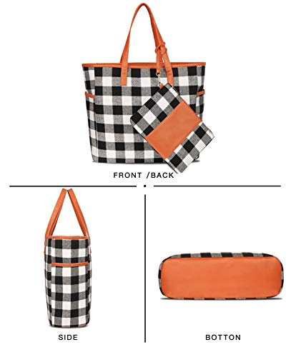 Monoblanks Women Buffalo Plaid Check Tote Set With Matching Wristlet,Personalized Top Handle Handbag Working Bag Best Gift For Her (White Buffalo Plaid) #TOP1