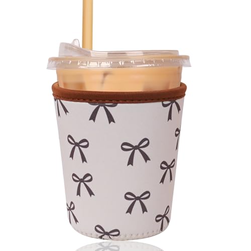 Image of Reusable Insulated Sleeve for Iced Coffee Cup, Coffee Neoprene Sleeve for Cold & Hot Drinks, Beverage Holder for Iced Coffee (Cream Bow, Small: 16-18oz)