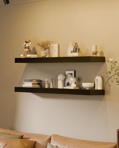 Image of 48 Inch Extra Long Floating Shelves, Set of 2 Deep Floating Shelves 12in Depth, Floating Shelves Long Heavy Duty Wood Shelves for Wall, Solid Wood Sleek Black