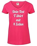 Gestalten Sie Ihr T-Shirt mit V-Ausschnitt mit maximal 20 Zeichen pro Zeile, insgesamt sind 3 Zeilen möglich, der Druck erfolgt auf der Vorderseite