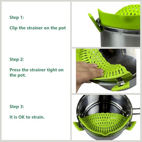 Clip On Strainer Silicone for All Pots and Pans, Pasta Strainer Clip on Food Strainer for Meat Vegetables Fruit Silicone Kitchen Colander (Green) — view 6