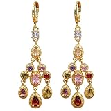 Vuskdtei18K Gold Plated Colorful Gemstone Flower Dangle Earrings for Women, Hypoallergenic Rainbow Cubic Zirconia, Elegant Chandelier Drop Earrings, Statement Jewelry Gifts Fashion (Flower-Gold-Mix)