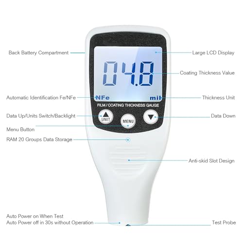 Medidor de Espesor de Pintura Medidor Digital de Espesor de Recubrimiento con pantalla LCD, rango de medición 0-1999 um, almacenamiento de 20 datos, apagado automático, para industria metalúrgica miniatura 4