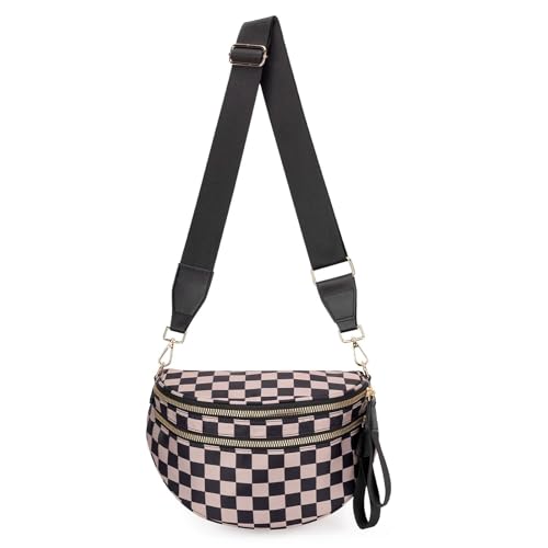 Image of LassZone Crossbody Bum Bags for Women Nylon Checkered Purse Roomy Fanny Pack Belt Bag Trendy Shoulder Handbags for Daily Travel