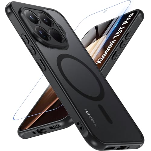 Fin2feel Magnetisch für Xiaomi 15T Pro Hülle kompatibel mit Magsafe mit Panzerglas Schutzfolie Matt Schutzhülle Stoßfest Kratzfeste TPU Bumper Cover Case Dünn Handyhülle für Xiaomi 15T Pro Schwarz