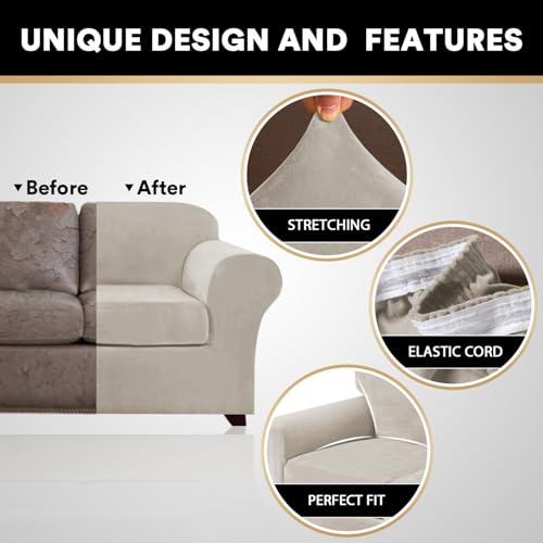 PrinceDeco 3 Pieces Velvet Couch Covers Soft Sofa Covers for 2 Cushion Stretch Sofa Slipcovers Furniture Covers Anti Slip Loveseat Furniture Protector Washable Width Up to 72 Inch(Medium, Oatmeal) by PrinceDeco - Image 4