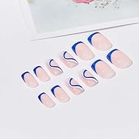 Vista 4 de Uñas postizas cuadradas a presión, acrílicas, francesas, con remolinos cortos, lindas uñas postizas azules para mujer, uso diario, uñas artificiales