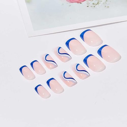 Miniatura 4 de Uñas postizas cuadradas a presión, acrílicas, francesas, con remolinos cortos, lindas uñas postizas azules para mujer, uso diario, uñas artificiales
