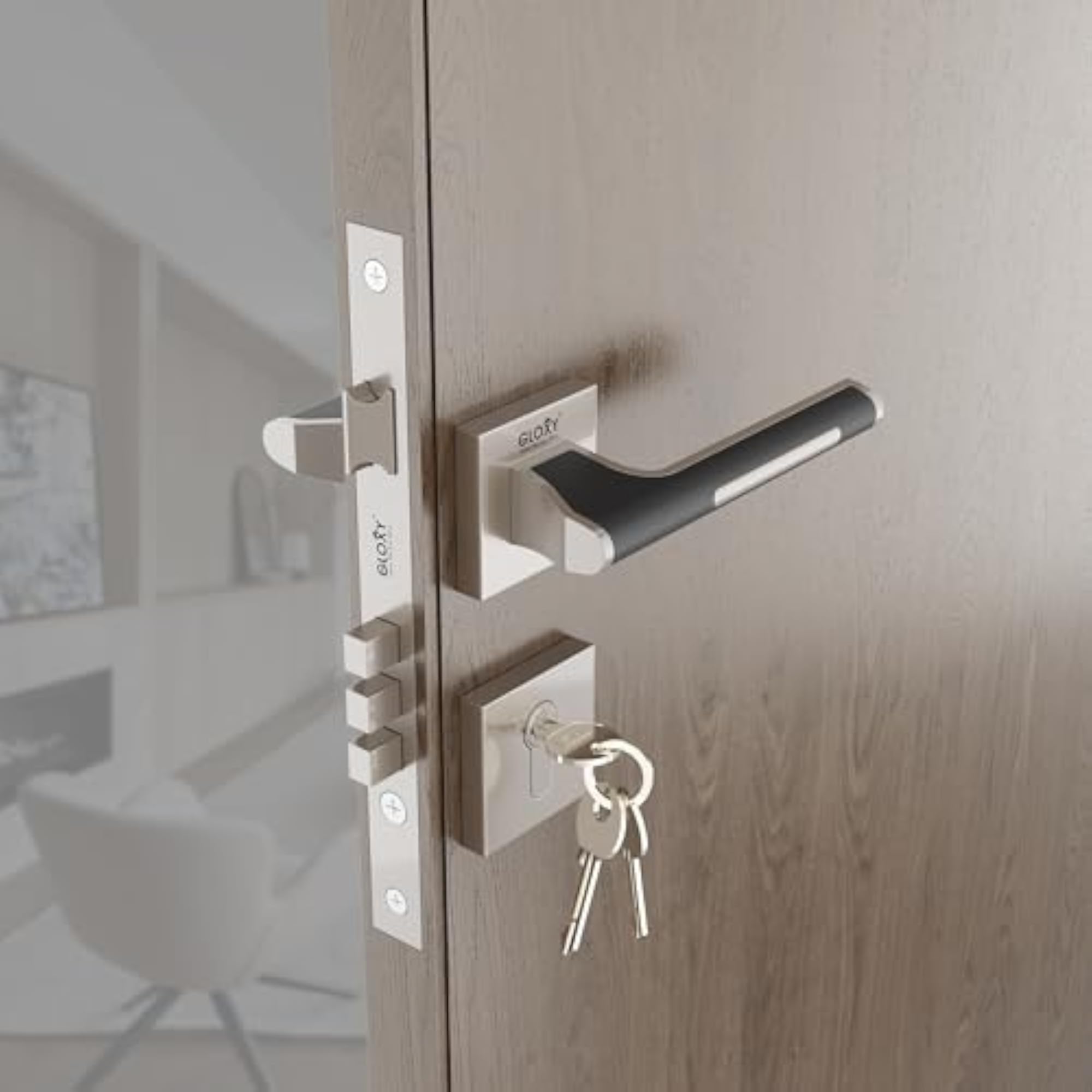 Mortise Door Lock Handle Set with Keys, Satin & Black Finish