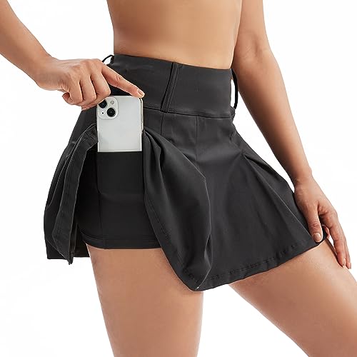 Mini Pleated Tennis Skirt Athletic Golf Skirts for Women High Waisted with Pockets Flowy Silk Ruffle Workout Short Skort Cute Teen Girls Trendy Clothes Summer Dress Outfits(M,Black)