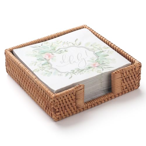 Rattan Napkin Holder Square, Wicker Napkin Basket for Kitchen, Flat Napkin Holders for Paper Napkins, Woven Napkin Holders for Tables (19 x 19 x 6.4 cm)