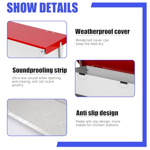 MUALROUS 5kg Automatischer Hühnerfutterautomat Rattensicherer großer Tret-Geflügelfutterautomat mit regenfestem Deckel Hühnerfutterautomaten für Entenfasane Hähne Zwerghühner Coop Futtertrog